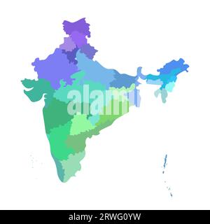 Illustrazione vettoriale isolata della mappa amministrativa semplificata dell'India. Confini degli stati. Silhouette multicolore. Illustrazione Vettoriale