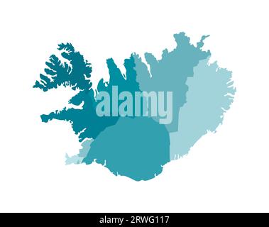 Illustrazione vettoriale isolata della mappa amministrativa semplificata dell'Islanda. Confini delle regioni. Sagome kaki blu colorato. Illustrazione Vettoriale