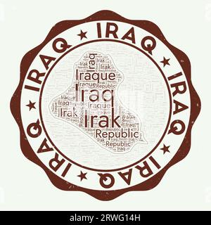 Logo Iraq. Attraente distintivo di paese con nuvola di parole a forma di Iraq. Emblema rotondo con il nome del paese. Illustrazione vettoriale creativa. Illustrazione Vettoriale