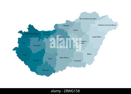 Illustrazione vettoriale isolata della mappa amministrativa semplificata dell'Ungheria. Confini e nomi delle regioni. Sagome kaki blu colorato. Illustrazione Vettoriale