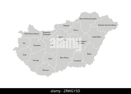 Illustrazione vettoriale isolata della mappa amministrativa semplificata dell'Ungheria. Confini e nomi delle province (regioni). Silhouette grigie. Outlin bianco Illustrazione Vettoriale