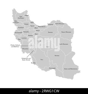 Illustrazione vettoriale isolata della mappa amministrativa semplificata dell'Iran. Confini e nomi delle province (regioni). Silhouette grigie. Contorno bianco. Illustrazione Vettoriale