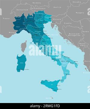 Illustrazione vettoriale moderna. Mappa amministrativa semplificata dell'Italia e confini con i paesi europei confinanti. Sfondo blu dei mari. Nomi di Illustrazione Vettoriale