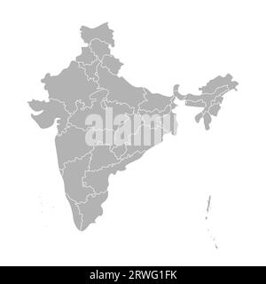 Illustrazione vettoriale isolata della mappa amministrativa semplificata dell'India. Confini degli stati (regioni). Silhouette grigie. Contorno bianco. Illustrazione Vettoriale