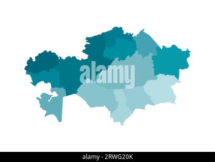 Illustrazione vettoriale isolata della mappa amministrativa semplificata del Kazakistan. Confini delle regioni. Sagome kaki blu colorato. Illustrazione Vettoriale