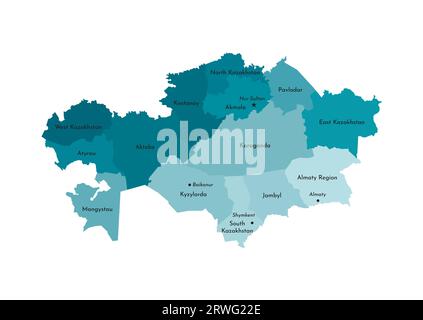 Illustrazione vettoriale isolata della mappa amministrativa semplificata del Kazakistan. Confini e nomi delle regioni. Sagome kaki blu colorato Illustrazione Vettoriale