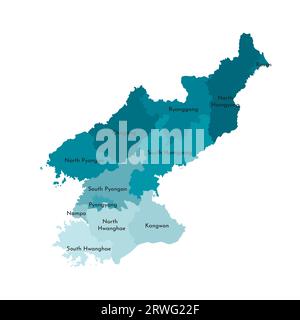 Illustrazione vettoriale isolata della mappa amministrativa semplificata della Corea del Nord (Repubblica popolare di Corea). Confini e nomi delle regioni. Colorato Illustrazione Vettoriale