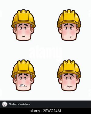 Set di icone di una faccia di un operaio edile con variazioni di espressione emotiva arrossate. Tutti gli elementi sono ordinati su livelli e gruppi ben descritti. Illustrazione Vettoriale