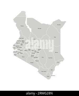 Illustrazione vettoriale isolata della mappa amministrativa semplificata del Kenya. Confini e nomi delle contee (regioni). Silhouette grigie. Contorno bianco Illustrazione Vettoriale
