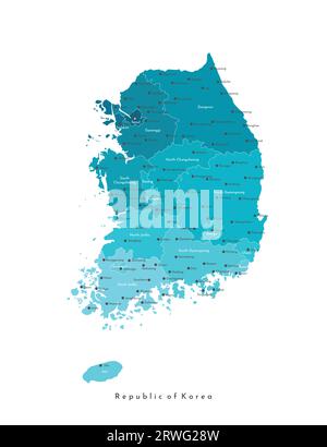 Illustrazione vettoriale moderna isolata. Mappa geografica semplificata della Corea del Sud (Repubblica di Corea). Forma sfumata blu, sfondo bianco. Nomi di Illustrazione Vettoriale