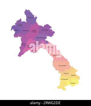 Illustrazione vettoriale isolata della mappa amministrativa semplificata del Laos. Confini e nomi delle regioni. Silhouette multicolore. Illustrazione Vettoriale
