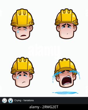 Set di icone del volto di un operaio edile con variazioni di espressione emotiva piangenti. Tutti gli elementi sono ordinati su livelli e gruppi ben descritti. Illustrazione Vettoriale