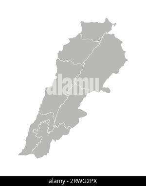 Illustrazione vettoriale isolata della mappa amministrativa semplificata del Libano. Confini dei governatorati (regioni). Silhouette grigie. Contorno bianco. Illustrazione Vettoriale