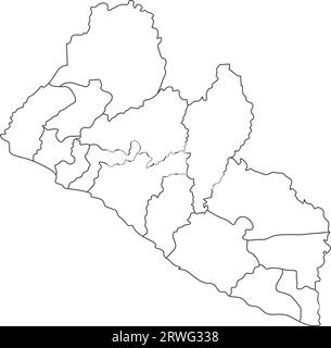 Illustrazione vettoriale isolata della mappa amministrativa semplificata Liberia. Confini delle contee. Silhouette nere. Sfondo bianco Illustrazione Vettoriale