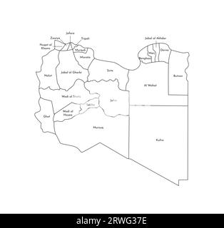 Illustrazione vettoriale isolata della mappa amministrativa semplificata della Libia. Confini e nomi dei distretti (regioni). Silhouette nere. Illustrazione Vettoriale