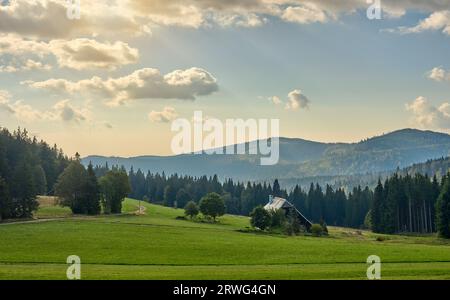 Paesaggio suggestivo della Foresta Nera con tipica fattoria sotto la cima di Feldberg vicino a Titisee-Neustadt, Baden Wuerttemberg, Germania Foto Stock