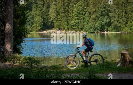 Bella donna anziana in mountain bike elettrica nella Foresta Nera tedesca vicino a Titisee-Neustadt, Baden-Württemberg, Germania Foto Stock