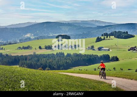 Bella donna anziana in mountain bike elettrica nella Foresta Nera tedesca vicino a Titisee-Neustadt, Baden-Württemberg, Germania Foto Stock