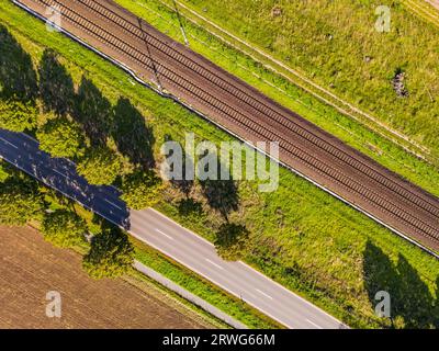 Una strada, alberi e una linea ferroviaria direttamente dall'alto come vista aerea, Germania Foto Stock