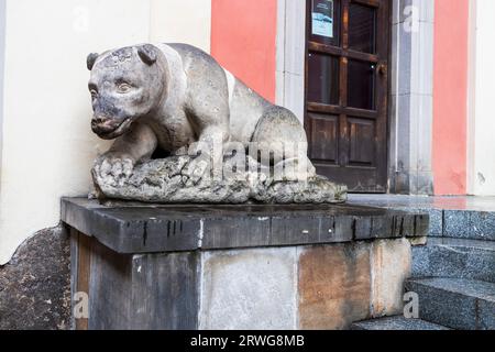 Varsavia, Polonia - 23 agosto 2023, scultura di un orso vicino all'ingresso della Chiesa gesuita della graziosa madre di Dio a Varsavia, Polonia, circa XVIII secolo Foto Stock