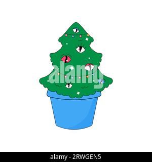 Albero di Natale in vaso eco . Decorata con occhi. psichedelico sposo natale. Illustrazione vettoriale Illustrazione Vettoriale