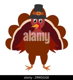 Turchia in cappello da pellegrino. Buon giorno del Ringraziamento. Illustrazione di Vector Flat. Illustrazione Vettoriale