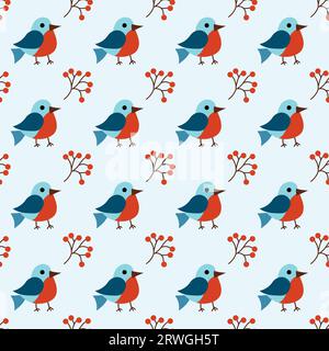 Natale inverno motivo senza cuciture con graziosi uccelli bullfinch e bacche di rowan. Sfondo piatto vettoriale. Illustrazione Vettoriale