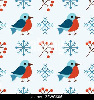 Motivo invernale natalizio senza cuciture con graziosi uccelli bullfinch, bacche di rowan e fiocchi di neve. Sfondo piatto vettoriale. Illustrazione Vettoriale
