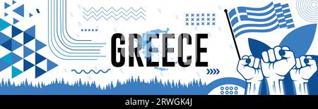 Mappa DELLA GRECIA e pugni rialzati. Progettazione di una giornata nazionale o di un giorno dell'indipendenza per la celebrazione DELLA GRECIA. Design retrò moderno con icone astratte. Vettore Illustrazione Vettoriale