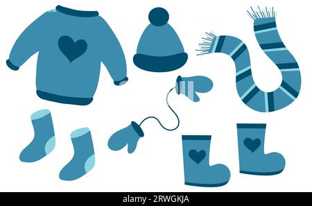 Set di abiti invernali. Maglione, calze, stivali, sciarpa, guanti, cappello. Illustrazione vettoriale piatta. Illustrazione Vettoriale