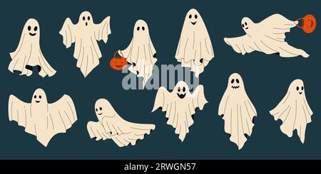 Divertente fantasma. Mostri spaventosi e carini in fogli bianchi, volti di mostri spaventosi con espressioni ed emozioni. Personaggi vettoriali di Halloween Illustrazione Vettoriale