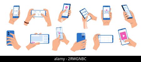 Mani che reggono il telefono con le app. Smartphone con applicazioni visualizzate in stile piatto, dispositivo mobile con videomessaggi e applicazioni di datazione Illustrazione Vettoriale