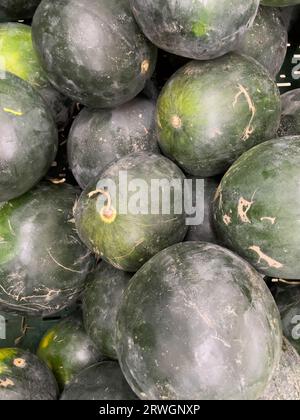 Molti grandi cocomeri verdi dolci naturali Foto Stock