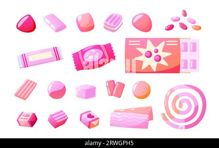 Bubblegum Collection. Gommose dolci alla menta gommose, palle di bastone dal sapore di gomma da cartoni animati, prodotto drago alla menta. Insieme isolato dal vettore Illustrazione Vettoriale