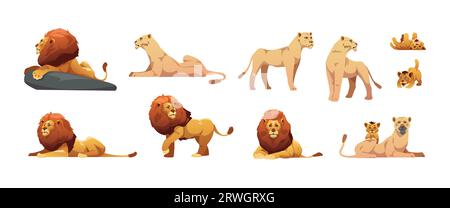 Leonessa dei cartoni animati. Carini gatti della giungla di famiglia, leone madre e cucciolo in stile piatto, animali da zoo savana africani, orgoglio dei predatori di gatti. Set vettoriale colorato Illustrazione Vettoriale