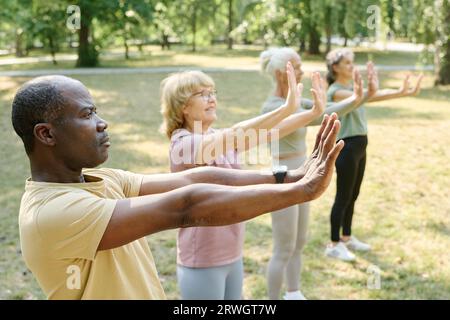 Gruppo di anziani che fanno esercizi insieme la mattina all'aperto Foto Stock