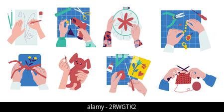 Hobby fatto a mano. Artigianato colorato e arte tessile, laboratorio creativo di cartoni animati con ricami in filato di perline. Serie piatta vettoriale Illustrazione Vettoriale