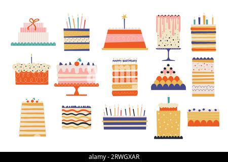 Torte di compleanno. Dolci cartoni animati con decorazioni colorate, prodotti da forno creativi per feste e deliziosi pasticcini. Serie piatta vettoriale Illustrazione Vettoriale