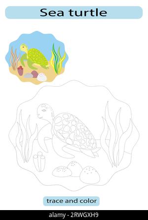 Foglio di lavoro per bambini per colorare e tracciare la tartaruga sul fondo del vettore oceanico Illustrazione Vettoriale