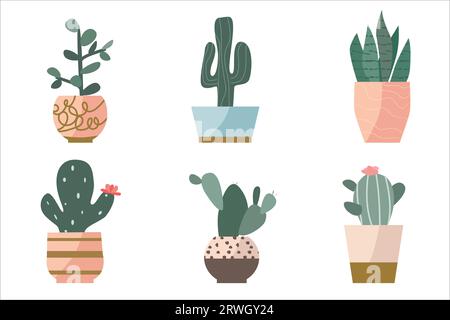 set di succulenti in graziose vasi da fiori decorativi Illustrazione Vettoriale