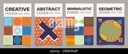 Poster con figure quadrate. Forme geometriche minimali per il design dei volantini, elementi moderni e minimalisti per volantini e coperture. Insieme isolato dal vettore Illustrazione Vettoriale