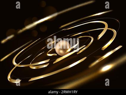 Anelli luminosi dorati con nastri su sfondo nero. Vettore. Illustrazione Vettoriale