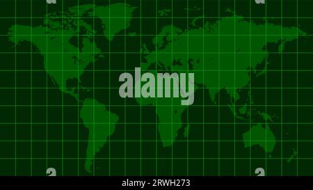 Mappa del mondo terra, schermo radar verde scuro stile matrice Illustrazione Vettoriale