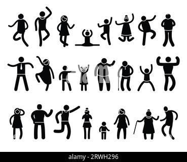 La gente si pone. Silhouette nere di personaggi stickman in diverse azioni e posture, yoga e posture semplici. Insieme isolato dal vettore Illustrazione Vettoriale