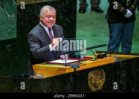 New York, USA. 19 settembre 2023. Re Abd Allah II ibn al Hussein di Giordania si rivolge alla 78a Assemblea generale delle Nazioni Unite presso la sede delle Nazioni Unite. Crediti: Enrique Shore/Alamy Live News Foto Stock