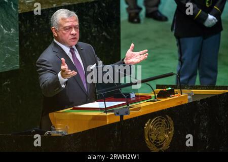 New York, USA. 19 settembre 2023. Re Abd Allah II ibn al Hussein di Giordania si rivolge alla 78a Assemblea generale delle Nazioni Unite presso la sede delle Nazioni Unite. Crediti: Enrique Shore/Alamy Live News Foto Stock