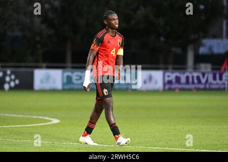 Gent, Belgio. 19 settembre 2023. Jorthy Mokio (4), belga, raffigurato nel corso di una partita di calcio tra le nazionali U16 del Belgio e della Turchia in un mini torneo U16 martedì 19 settembre 2023 a Gent, Belgio. Credito: Sportpix/Alamy Live News Foto Stock