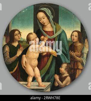 Vergine con bambino e Giovanni Battista e Angeli, dipinto ad olio su legno dell'artista italiano Pietro del Donzello, ca. 1500 Foto Stock