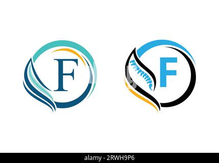 Lettera F con logo ortopedico della colonna vertebrale. per l'azienda ortopedica e l'identità aziendale Illustrazione Vettoriale
