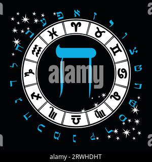 Illustrazione vettoriale dell'alfabeto ebraico e dei segni zodiacali. Lettera ebraica chiamata Chethblue e Big Illustrazione Vettoriale